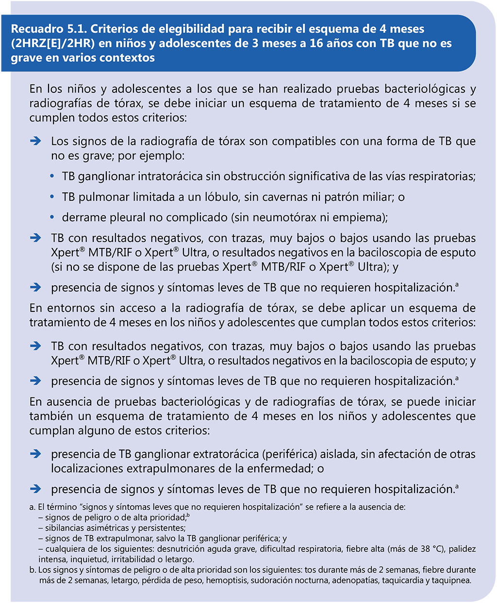 Box 5.1. Eligibility criteria for the 4-month regimen (2HRZ(E)/2HR) in children and adolescents aged between 3 months and 16 years with non-severe TB in various settings