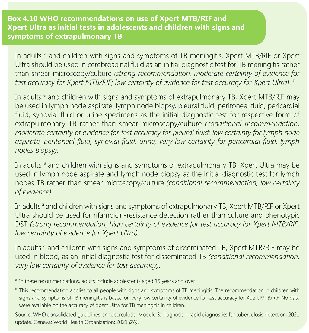 Box 4.10 WHO recommendations on use of Xpert MTB/RIF and Xpert Ultra as initial tests in adolescents and children with signs and symptoms of extrapulmonary TB