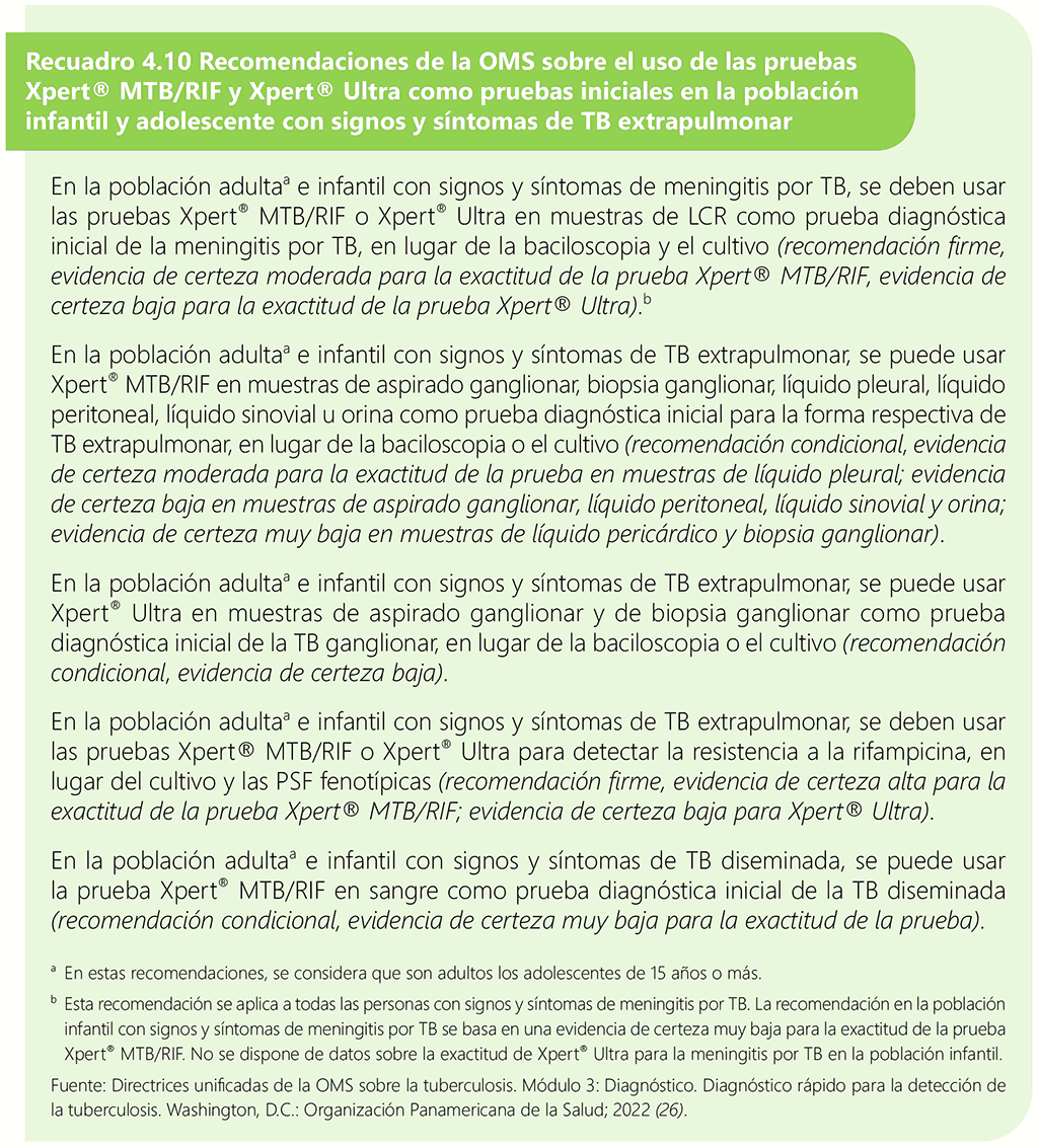 Box 4.10 WHO recommendations on use of Xpert MTB/RIF and Xpert Ultra as initial tests in adolescents and children with signs and symptoms of extrapulmonary TB